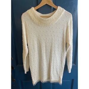 Vintage Sweater Tunic‎ Cream Pearl Embellished Beaded Fringe Size S GUC